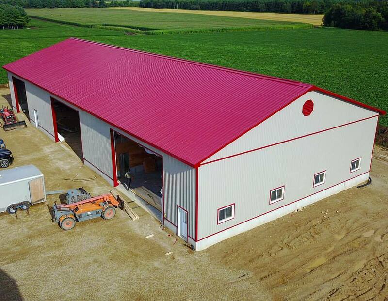 Drive shed with red roof.