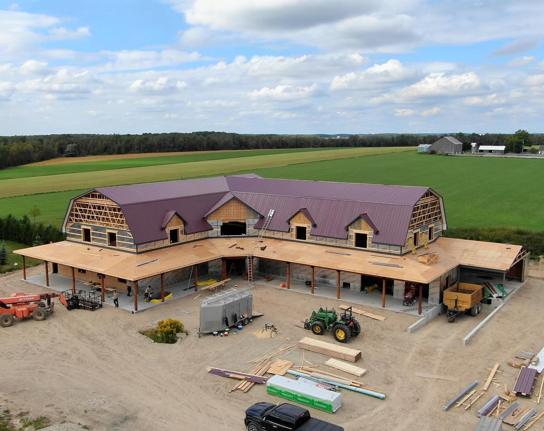 Market under construction.  Misty Meadows Market Inc. at 031006 Grey County Road 14, Conn.  Drone Photo of front.  