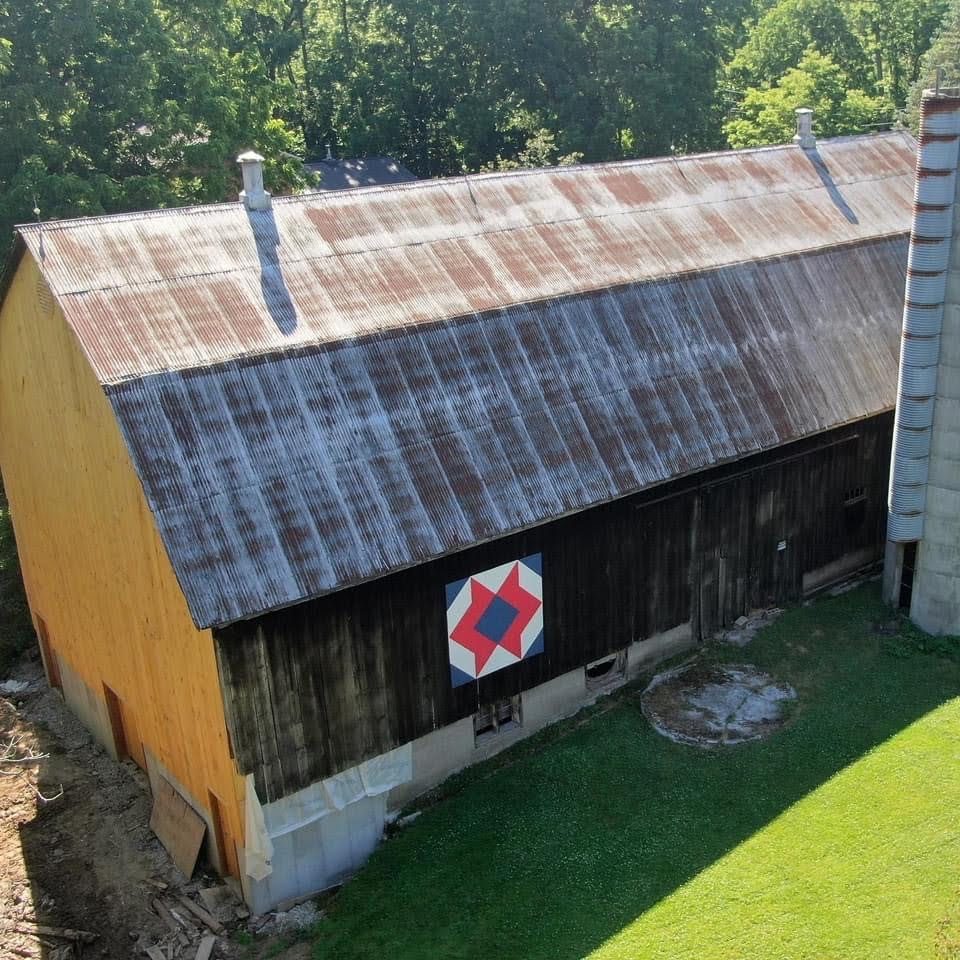 Drone picture of a bank barn.
