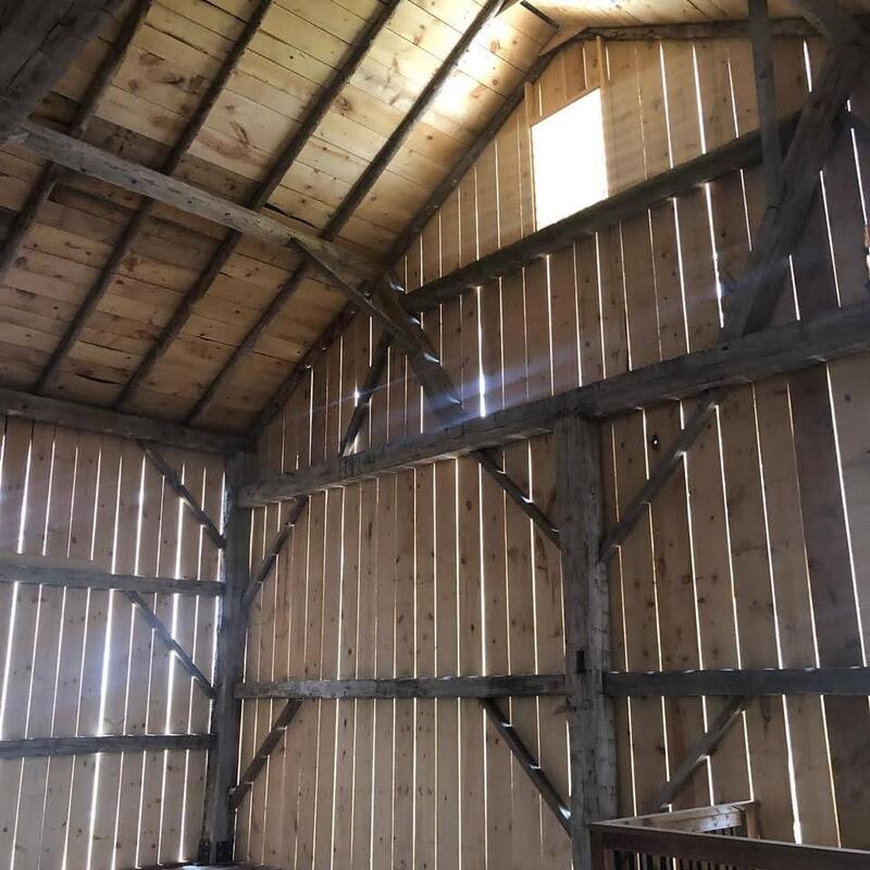 Timber frame barn relocation.  Interior view of the wall and roof framing.  New barn boards with reclaimed timber.