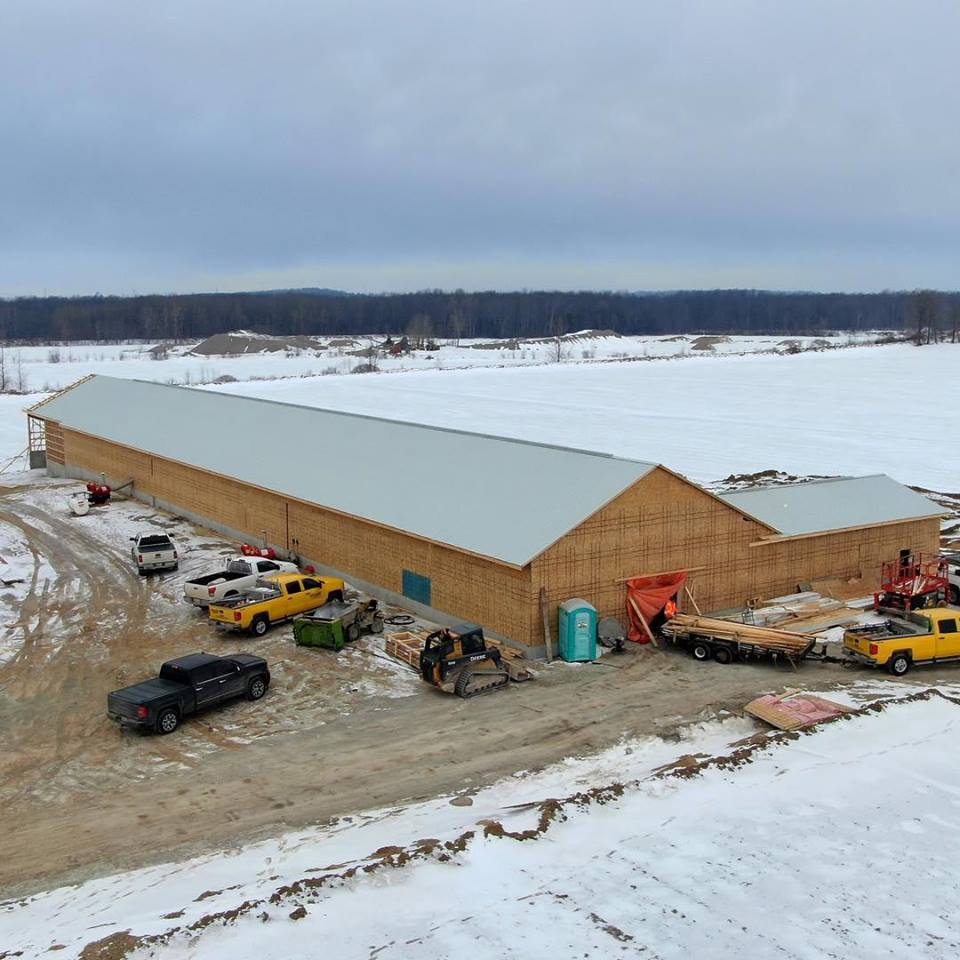 Chicken layer barn under construction.  Aerial view by drone.