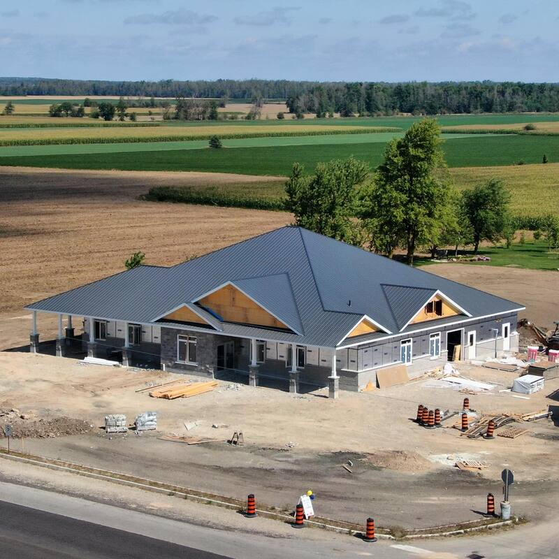 New Restaurant under construction.  Country Sisters at 8121 Wellington Country road 86, Moorefield.  Counstruction by Bowman Carpentry.  Drone Picture.
